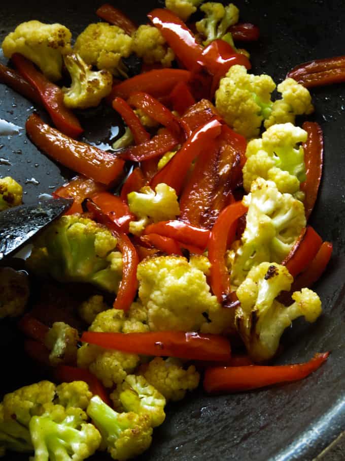 stir-fried cauliflower and bell pepper for beef teriyaki.