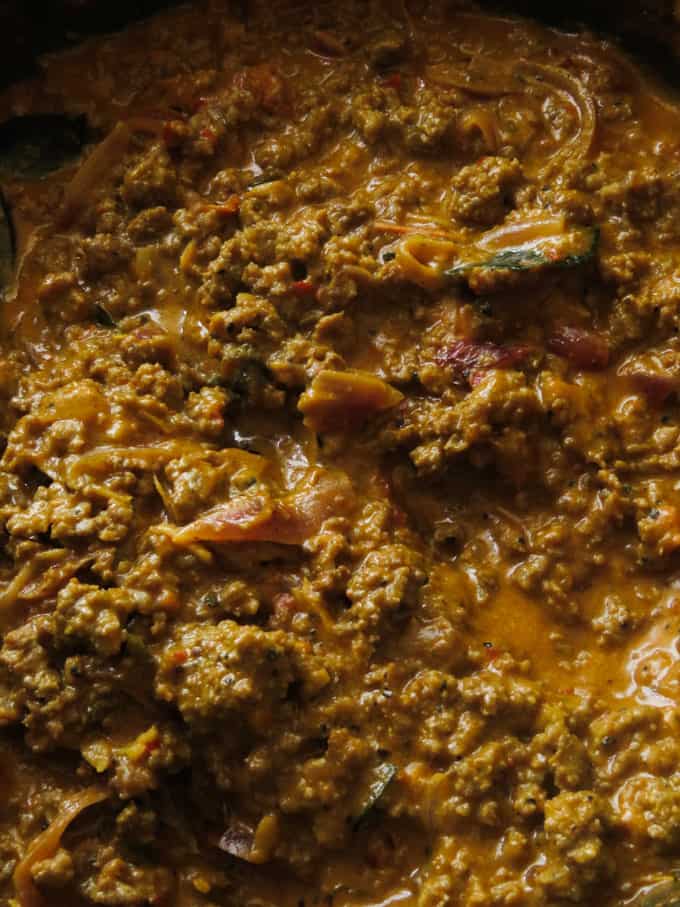 curry spiced, sloppy joe meat sauce in a pot.