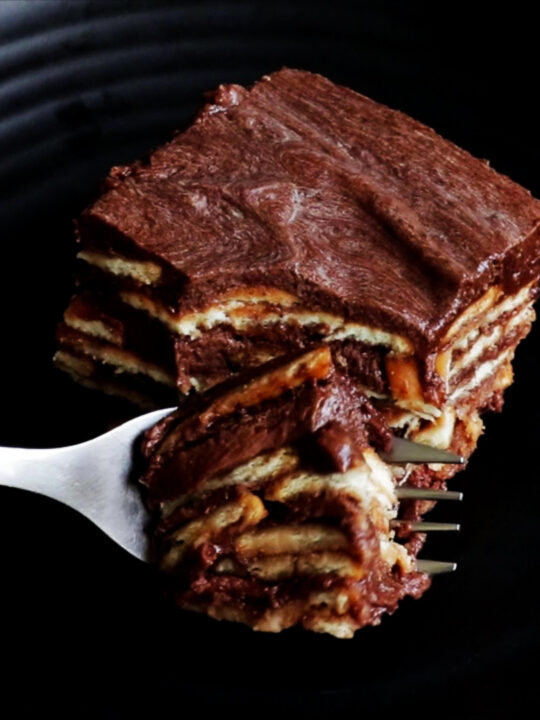 a slice of biscuit pudding with a spoon of biscuit pudding.