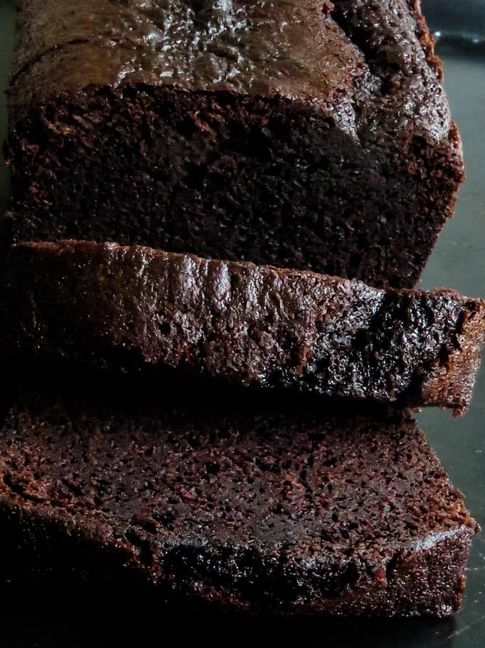 chocolate loaf cake cut into slices.