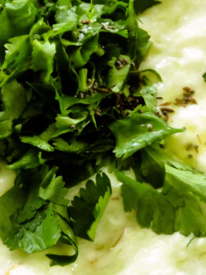 adding tempered ingredients and chopped coriander to make the cucumber raita.