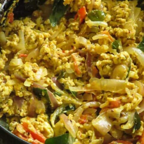 spicy scrambled eggs with onions.