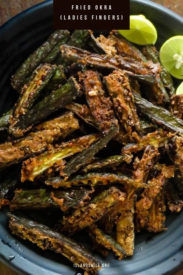 Ladies' fingers are also known as okra. For this vegetarian recipe, fresh okra are split in the middle and mixed with a simple seasoning of three ingredients and then deep-fried until they are crispy.