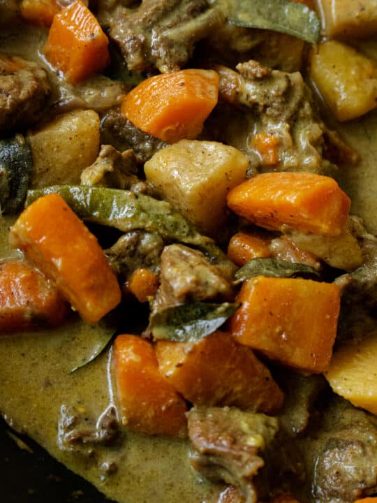 coconut beef stew with carrots and potatoes.