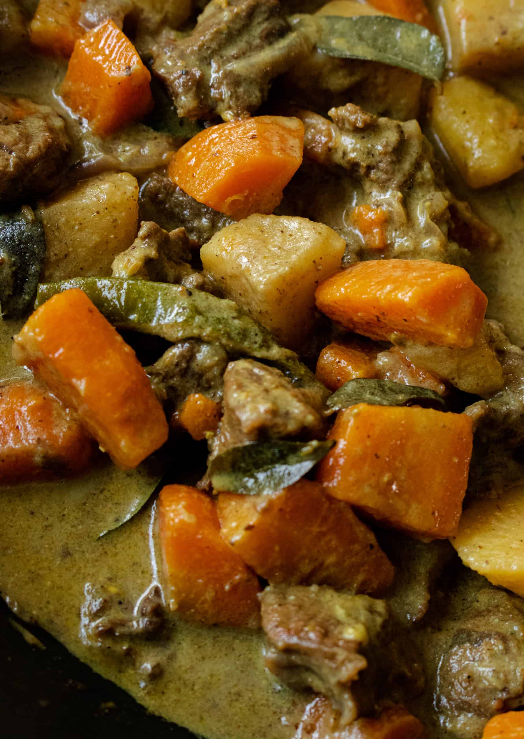 coconut beef stew with carrots and potatoes.