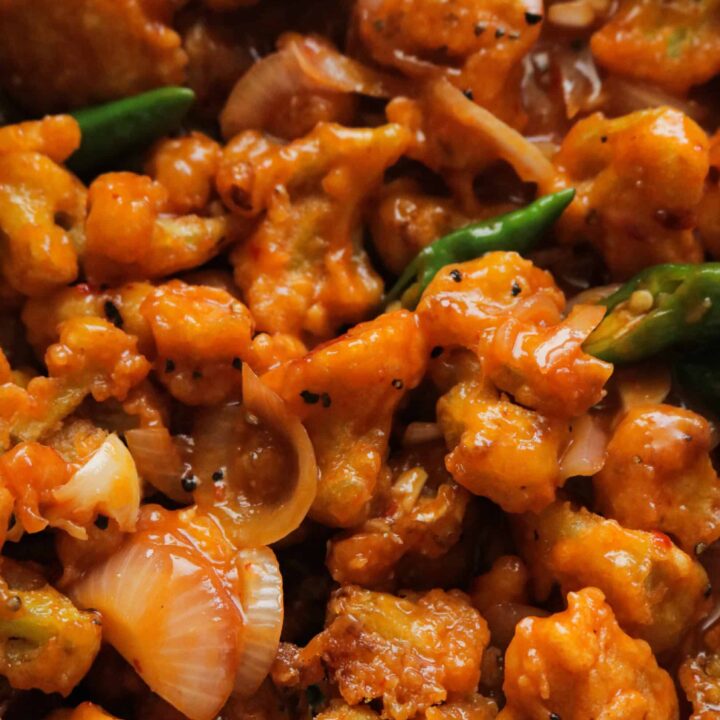 spicy chili cauliflower served in a platter