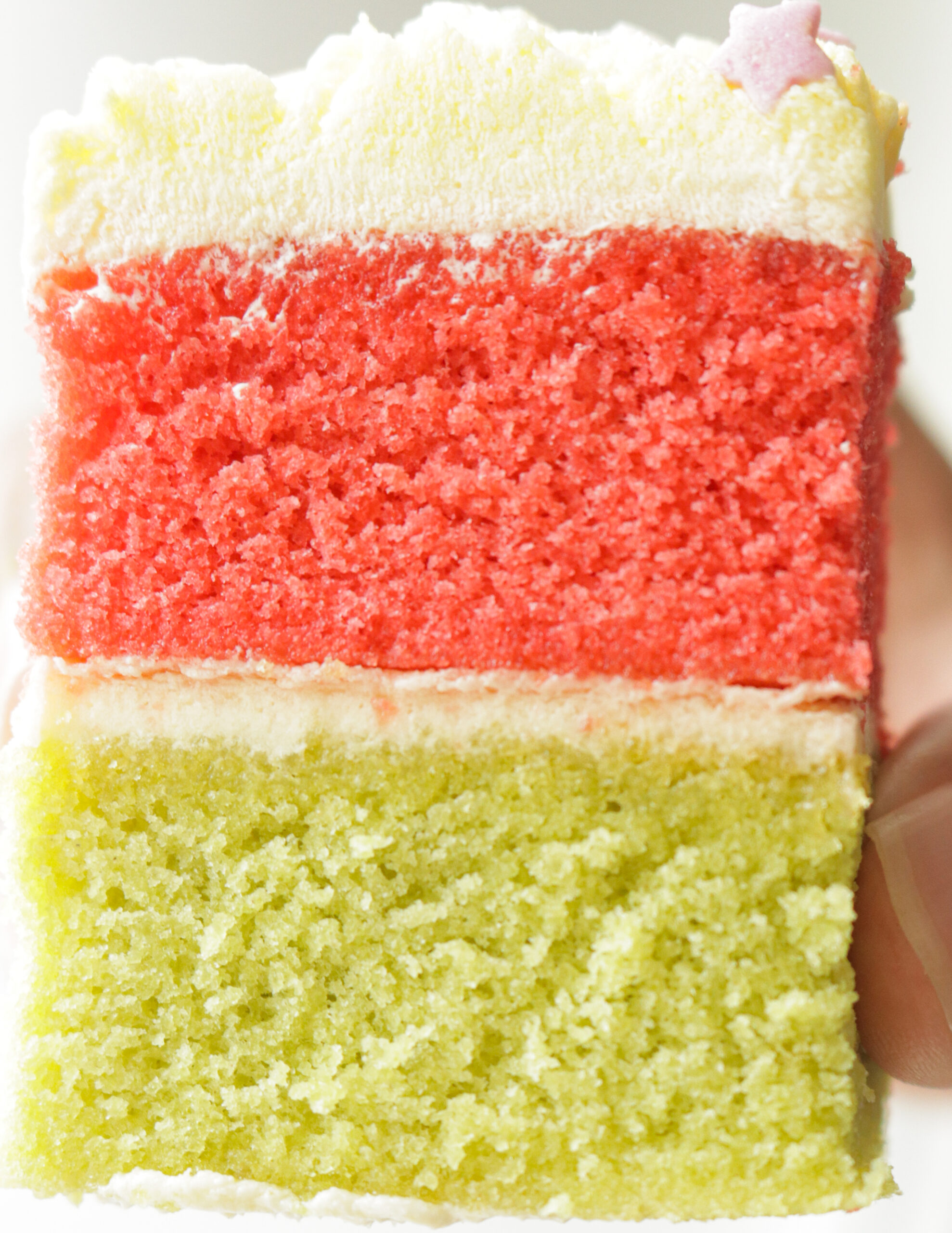 slice of ribbon cake held in hand
