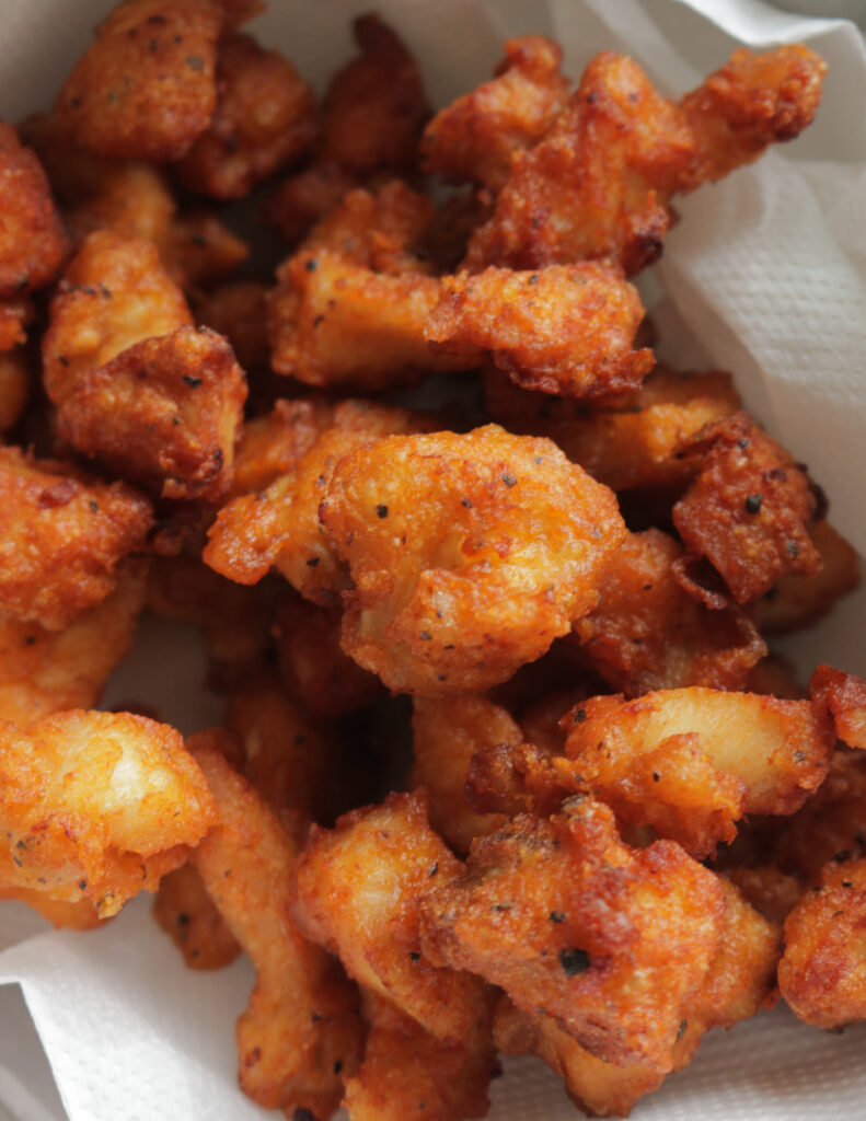 batter fried boneless chicken cubes for the chilli chicken recipe.