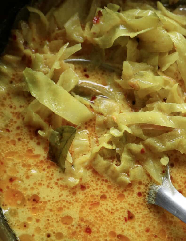 sliced cabbage cooked in coconut milk and served with a silver spoon.