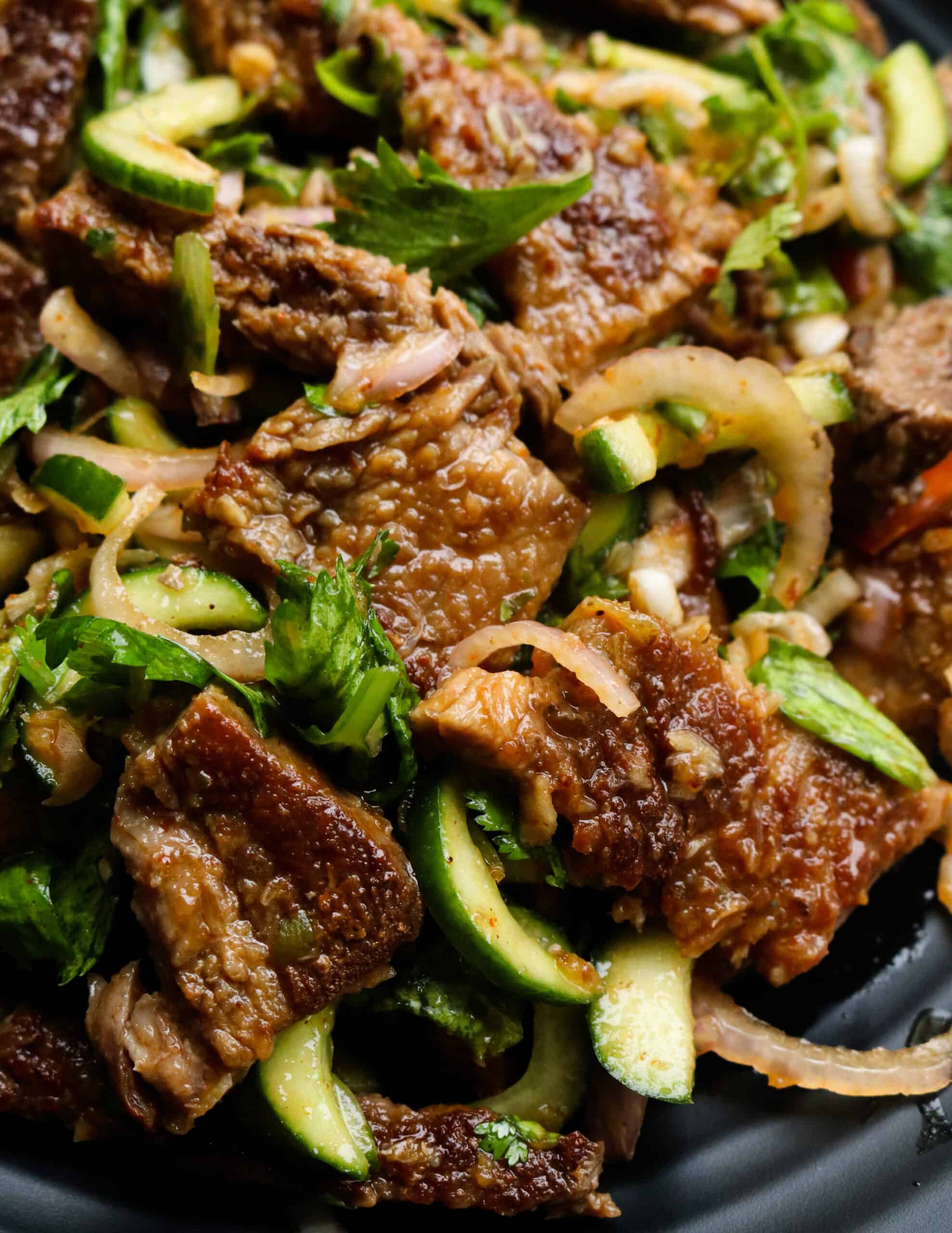 crispy thai beed salad served in a platter