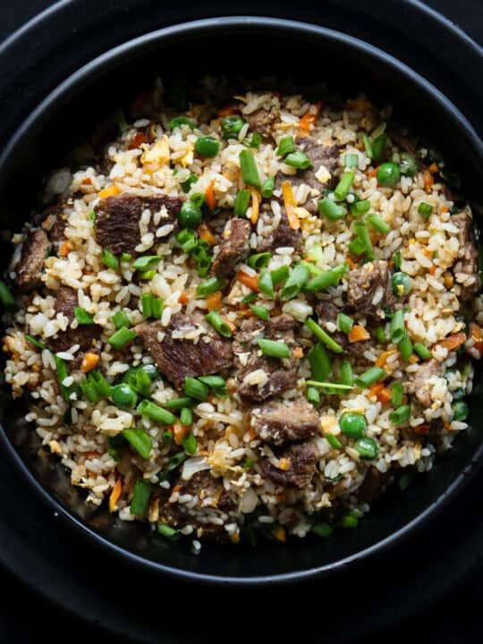 easy beef fried rice served in a back bowl.