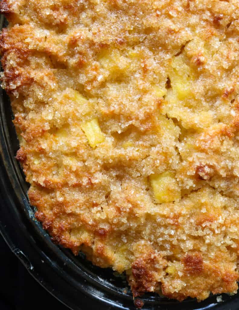 pineapple bread pudding baked in a pyrex dish.