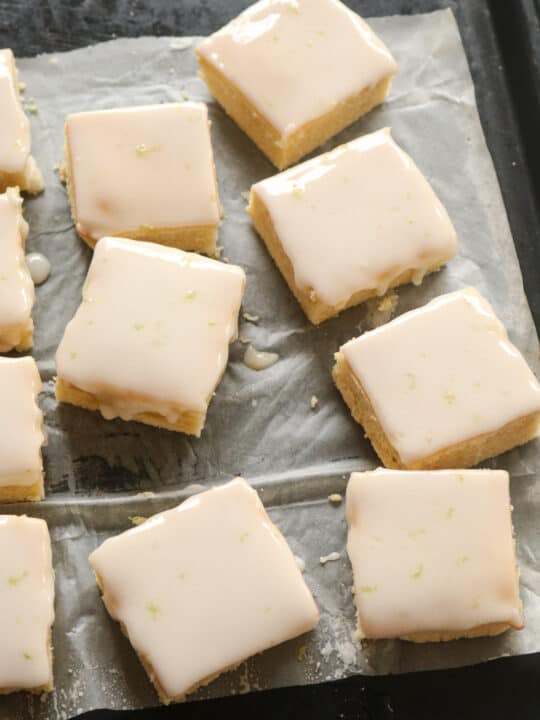 bars of lemon brownies with glaze.