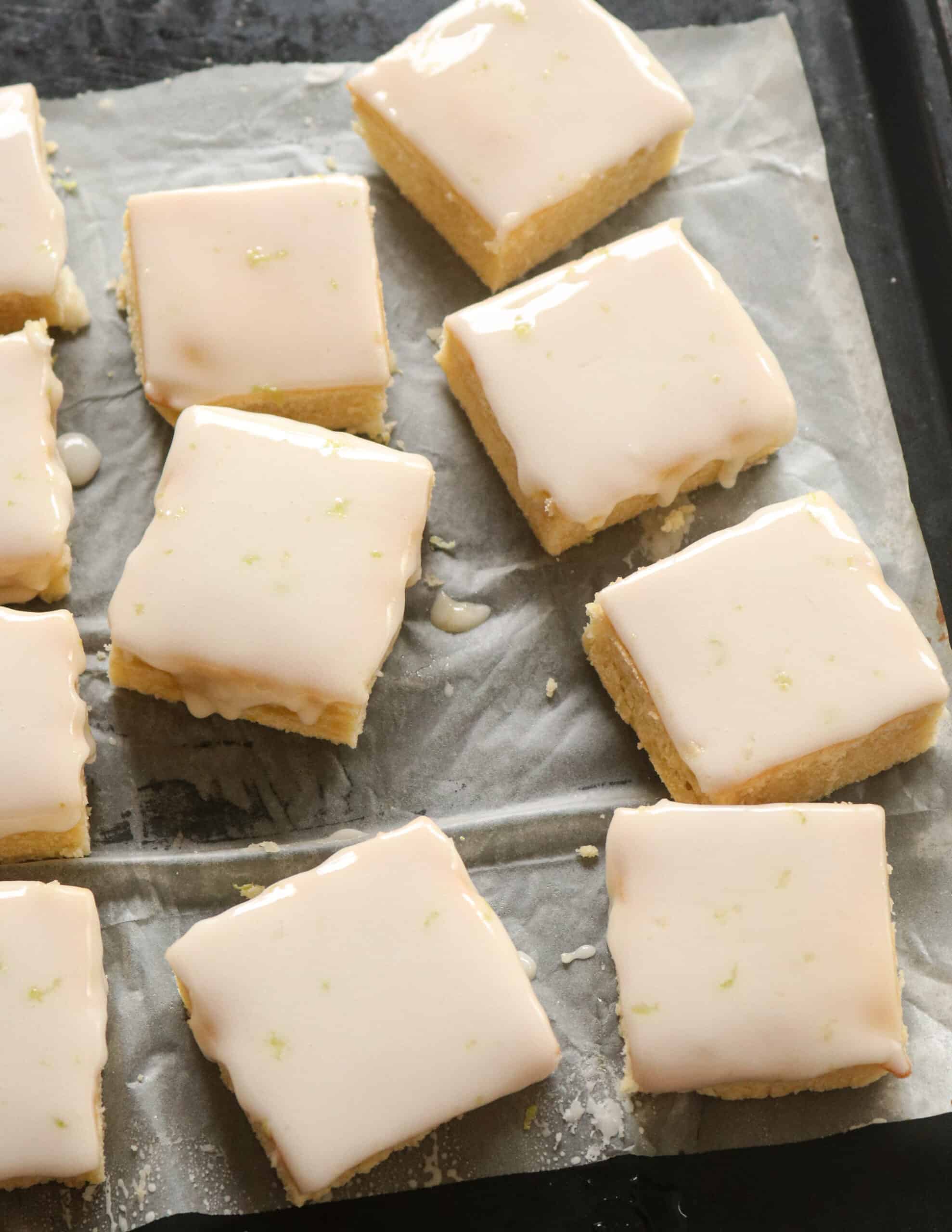 bars of lemon brownies with glaze.