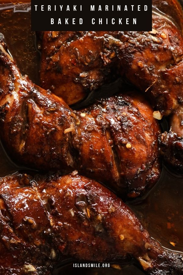 baked chicken quarters with teriyaki sauce and minced pieces of ginger garlic.