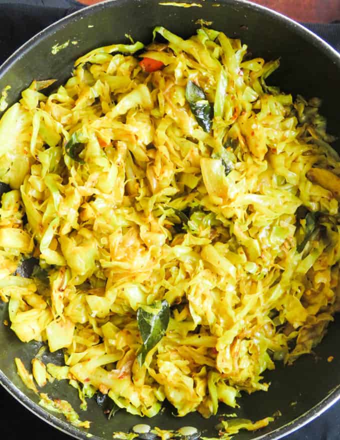 cabbage stir fry cooked in a frying pan