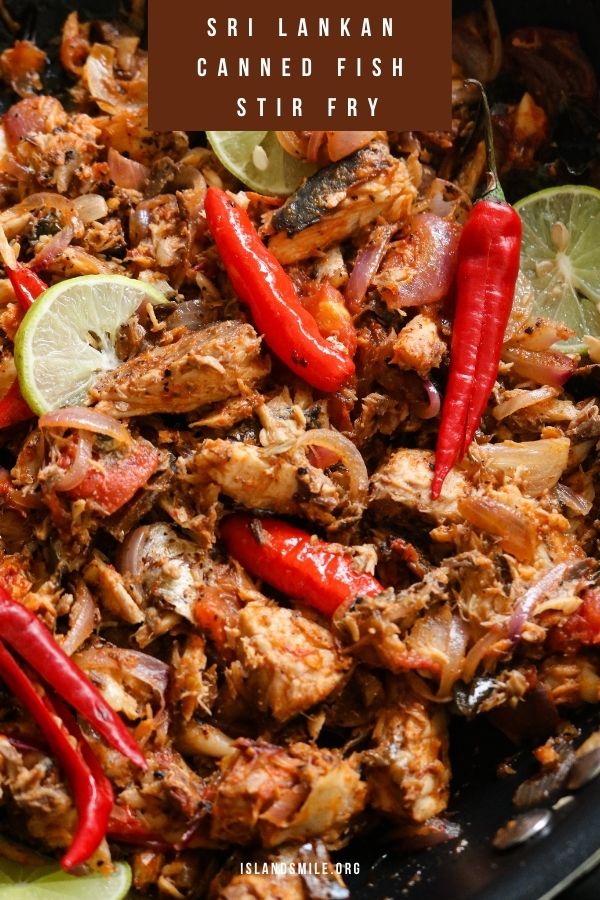 canned mackerel cooked with onions , red chillies onions and slices of lime in it.