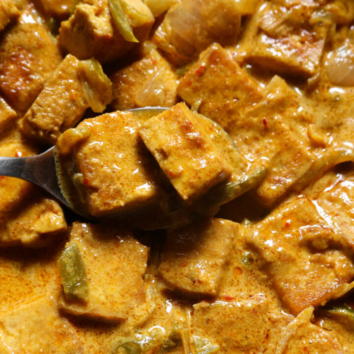 tofu curry with scooped tofu pieces in a spoon.