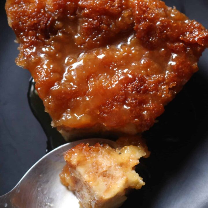 bread pudding served in a plate.