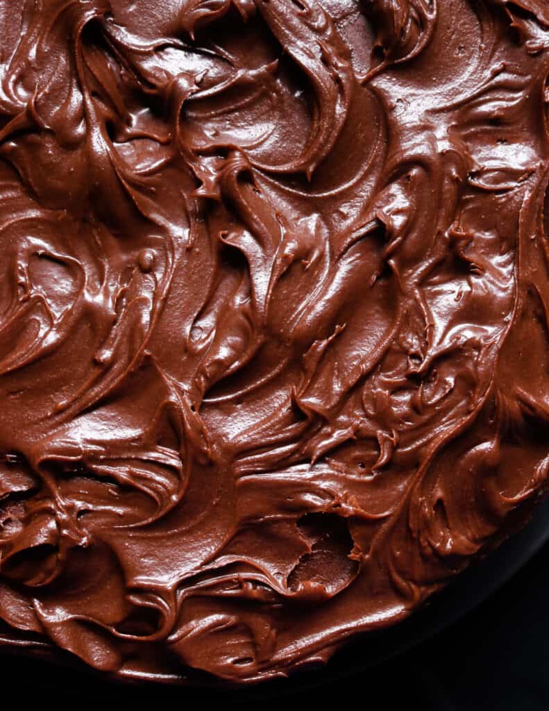 single layer chocolate cake with chocolate frosting swirling in it.