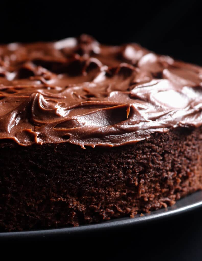 single layer chocolate cake with chocolate frosting on top 