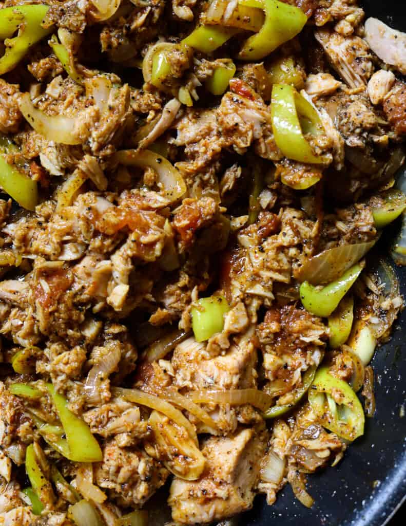 canned chunks of tuna stir fry with sliced onions and green peppers