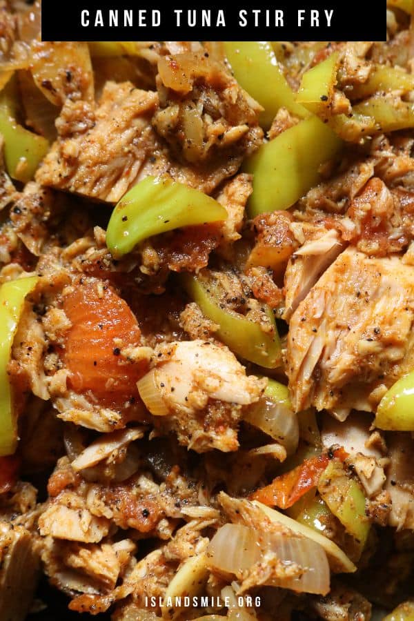 canned chunks of tuna stir fry, peppers, and tomatoes 