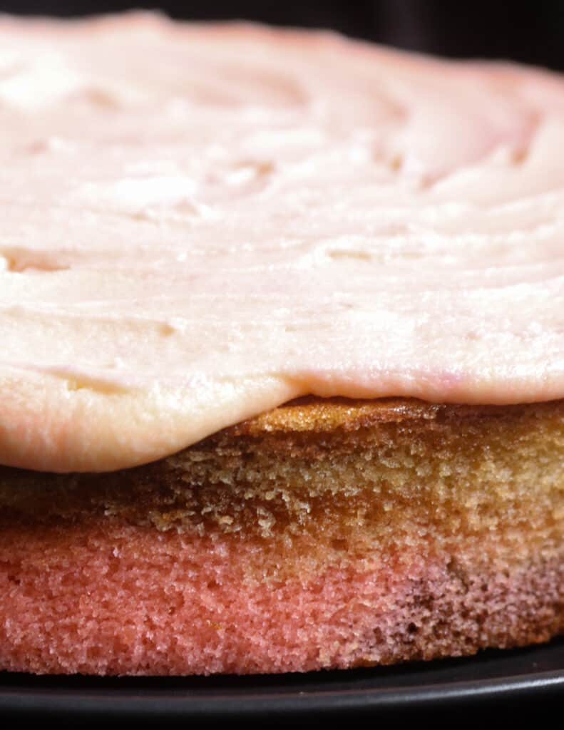 pink marble cake with a pink frosting.
