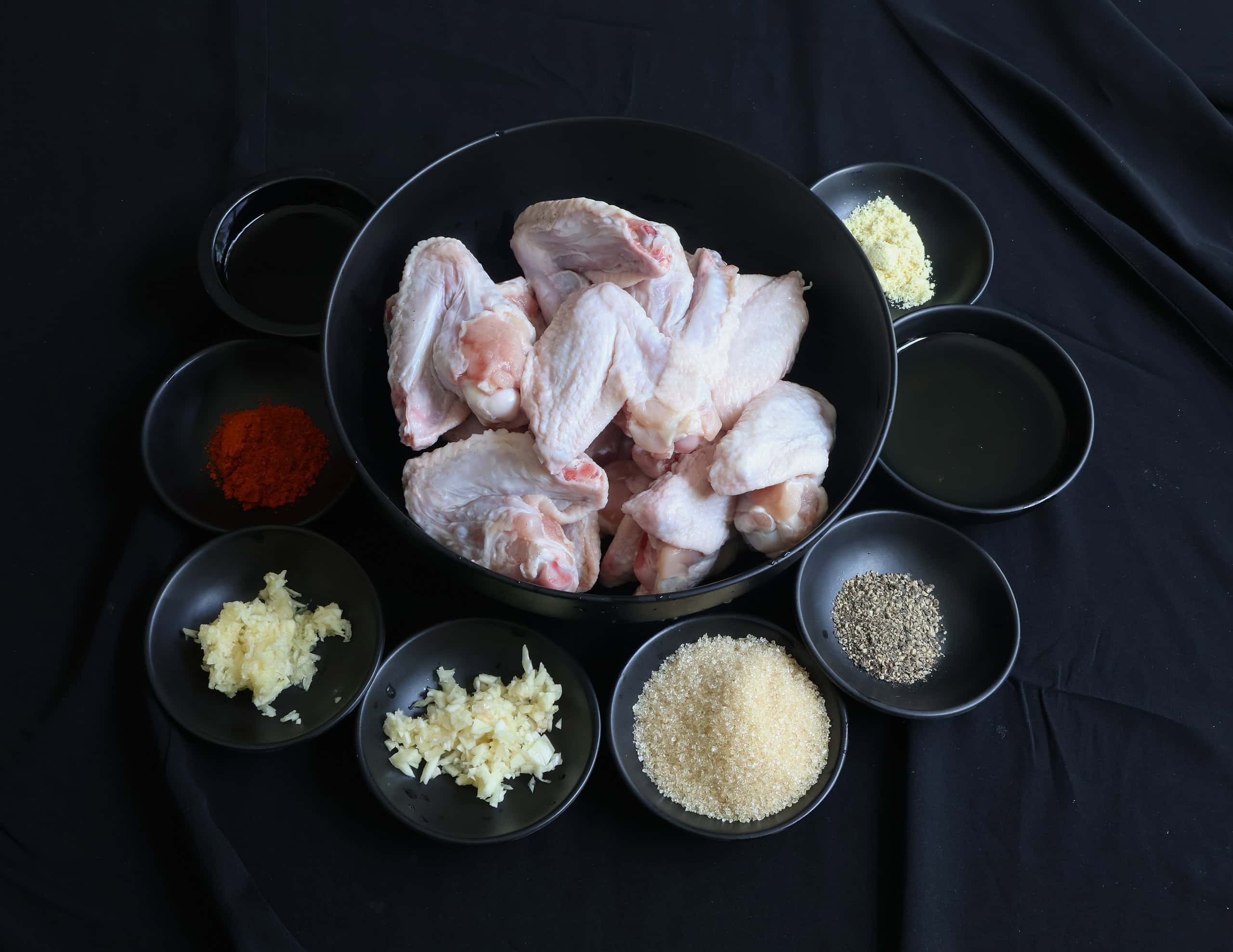 ingredients to shallow fry sweet and spicy chicken wings.